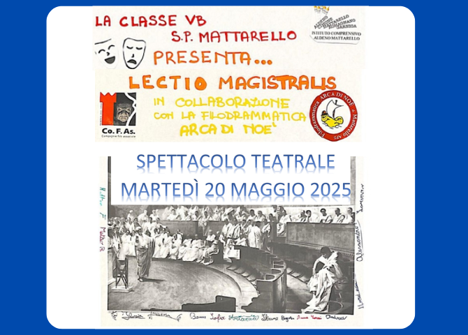 Informazioni su spettacolo presenti nel testo della notizia. Logo della filodrammatica, immagine del senato romano e firme degli studenti