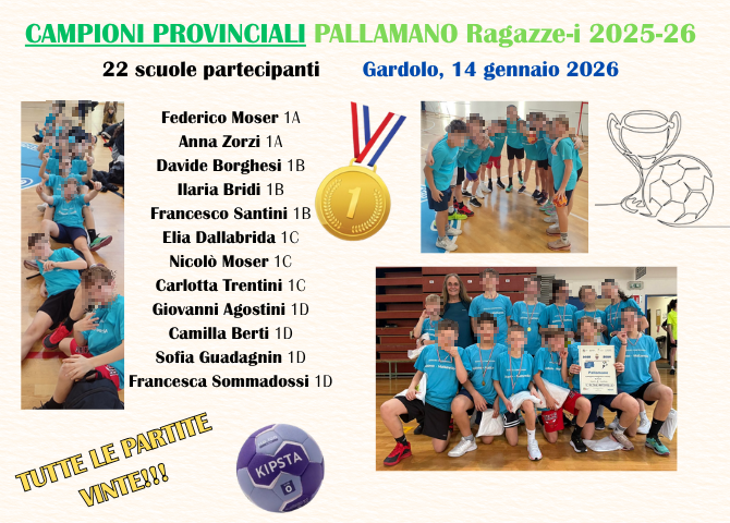 Pallamano ragazze/i Campioni Provinciali. Tutte le partite vinte. Foto e nomi